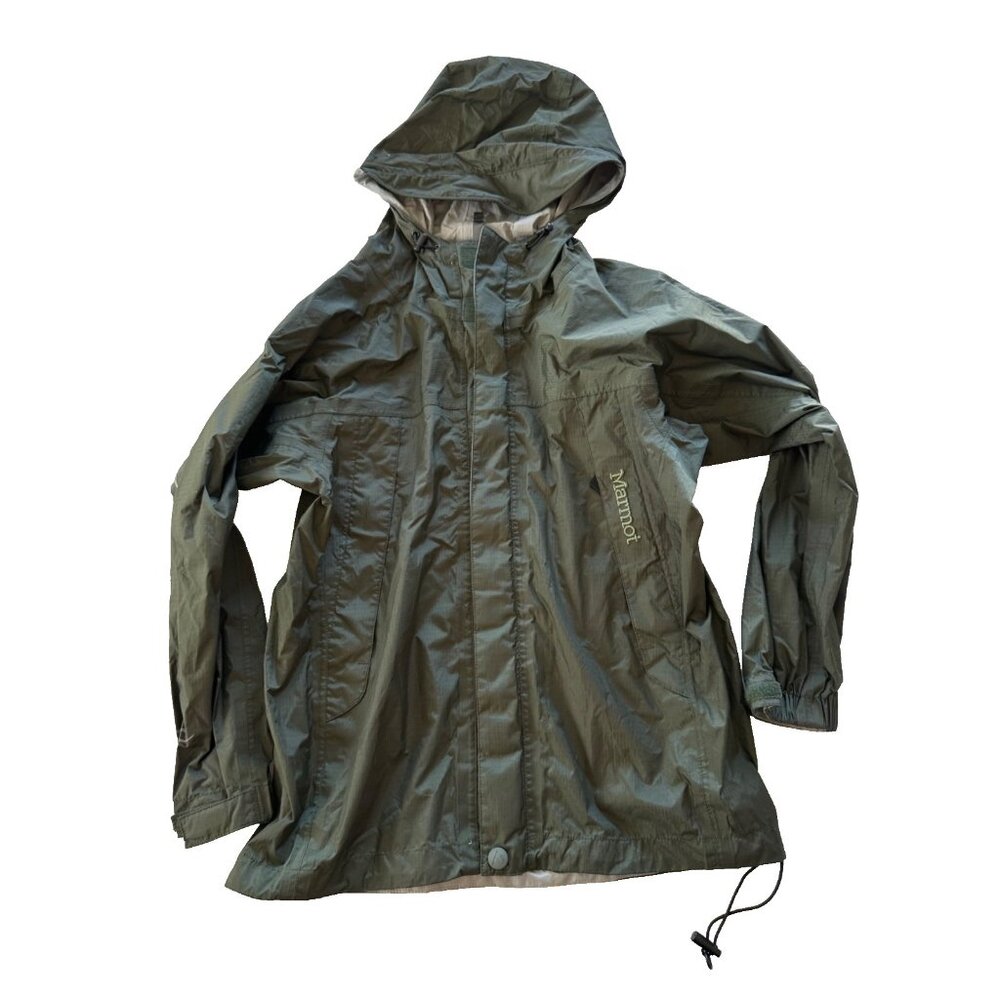 Marmot Youth M/8 PreCip Rain Jacket Hooded Green Nylon Lightweight